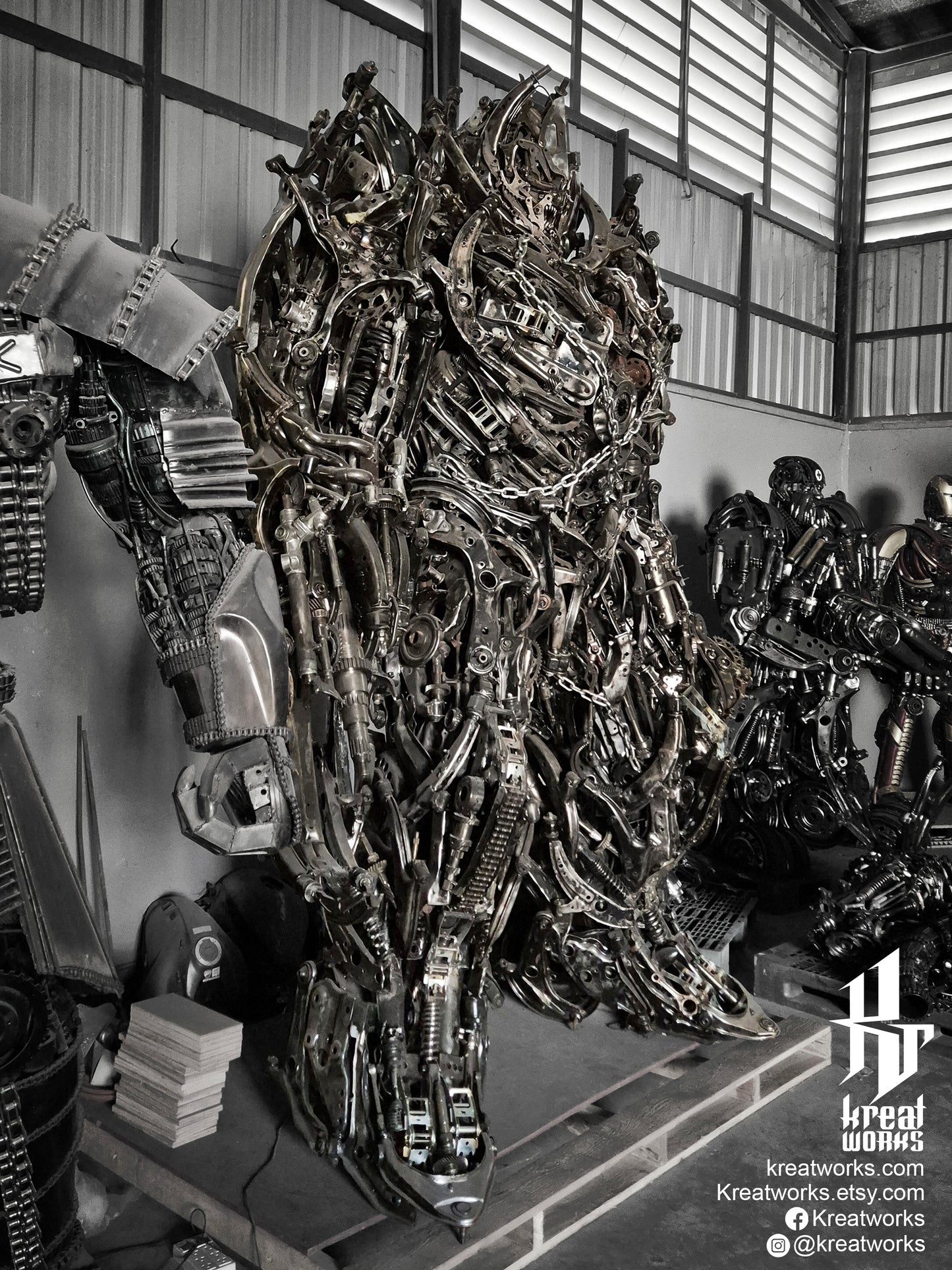 Recycled Metal Menacing Warrior Robot Sculpture (3.4 m height)