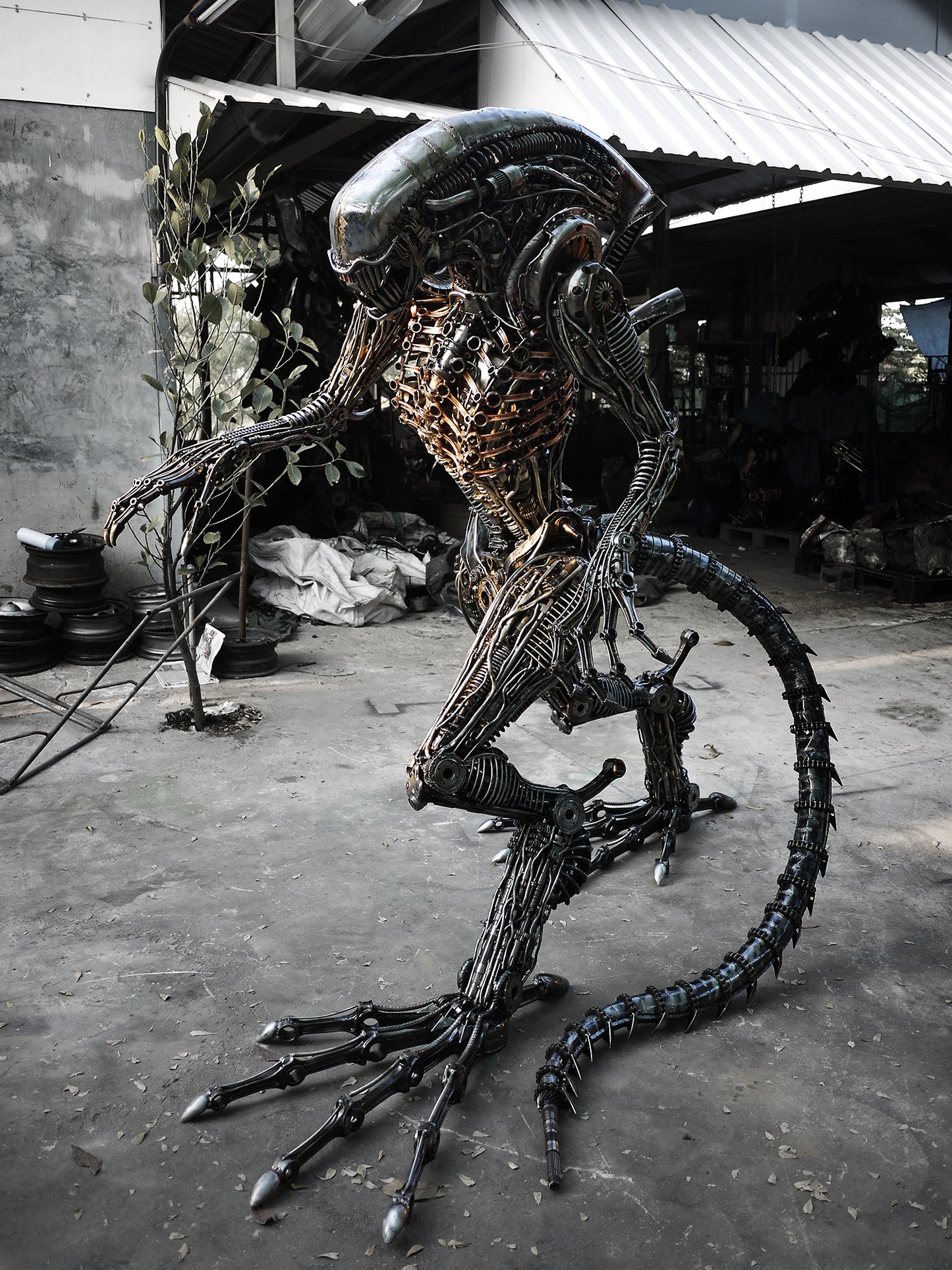 Recycled Metal Biomechanical Life-size Monster (made to order) / Recycle Metal Sustainable Sculpture Art