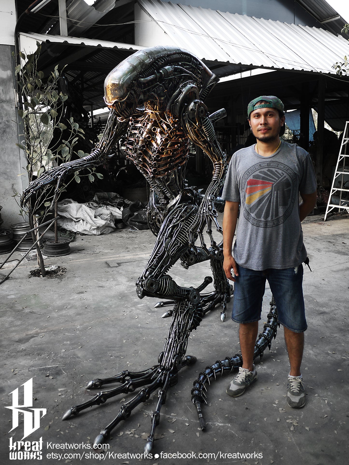 Recycled Metal Biomechanical Life-size Monster (made to order) / Recycle Metal Sustainable Sculpture Art