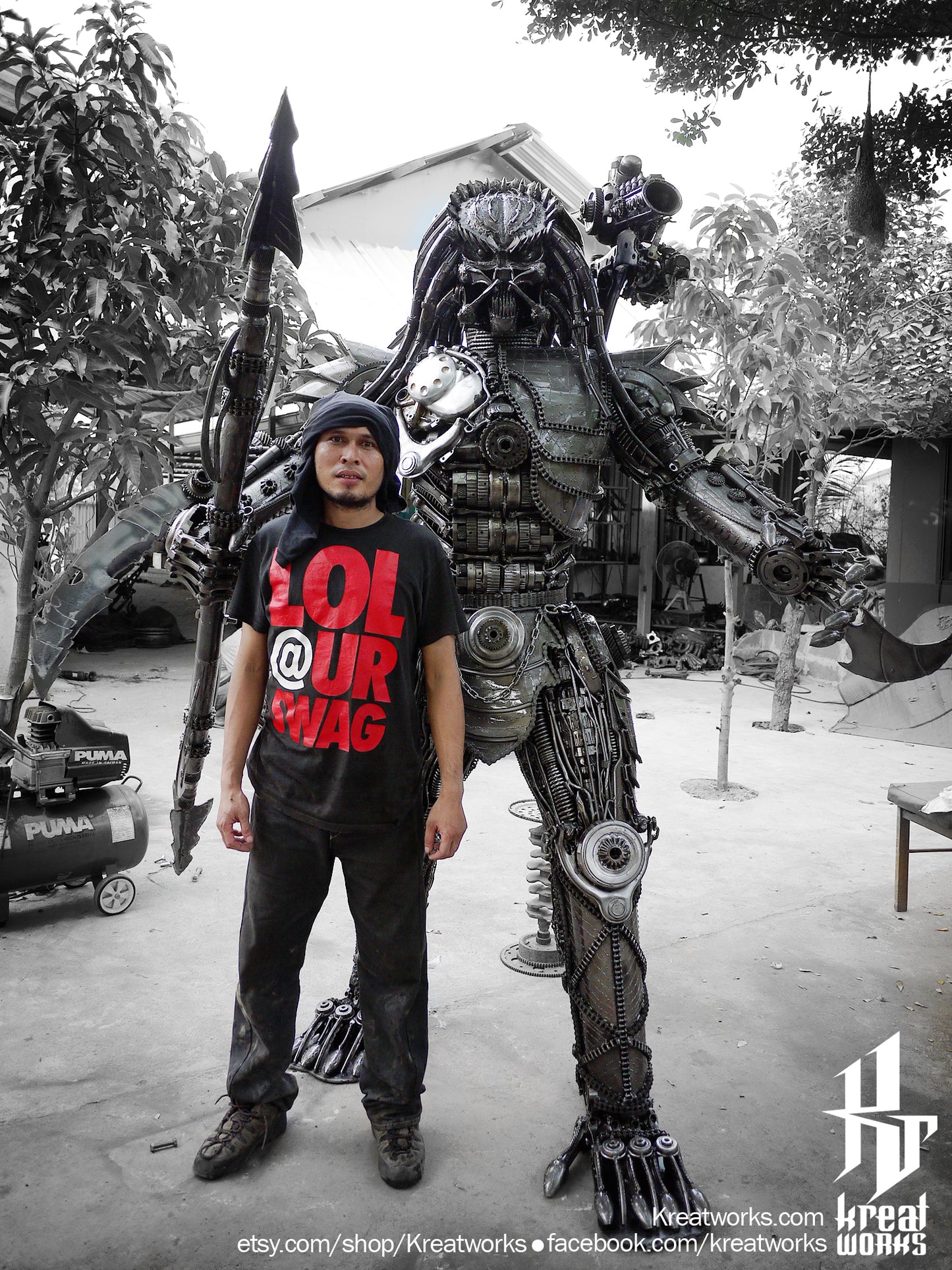 Recycled Metal Hunter with spear (made to order) (2.3m / 7.5 ft height) / Recycle Metal Sustainable Sculpture Art