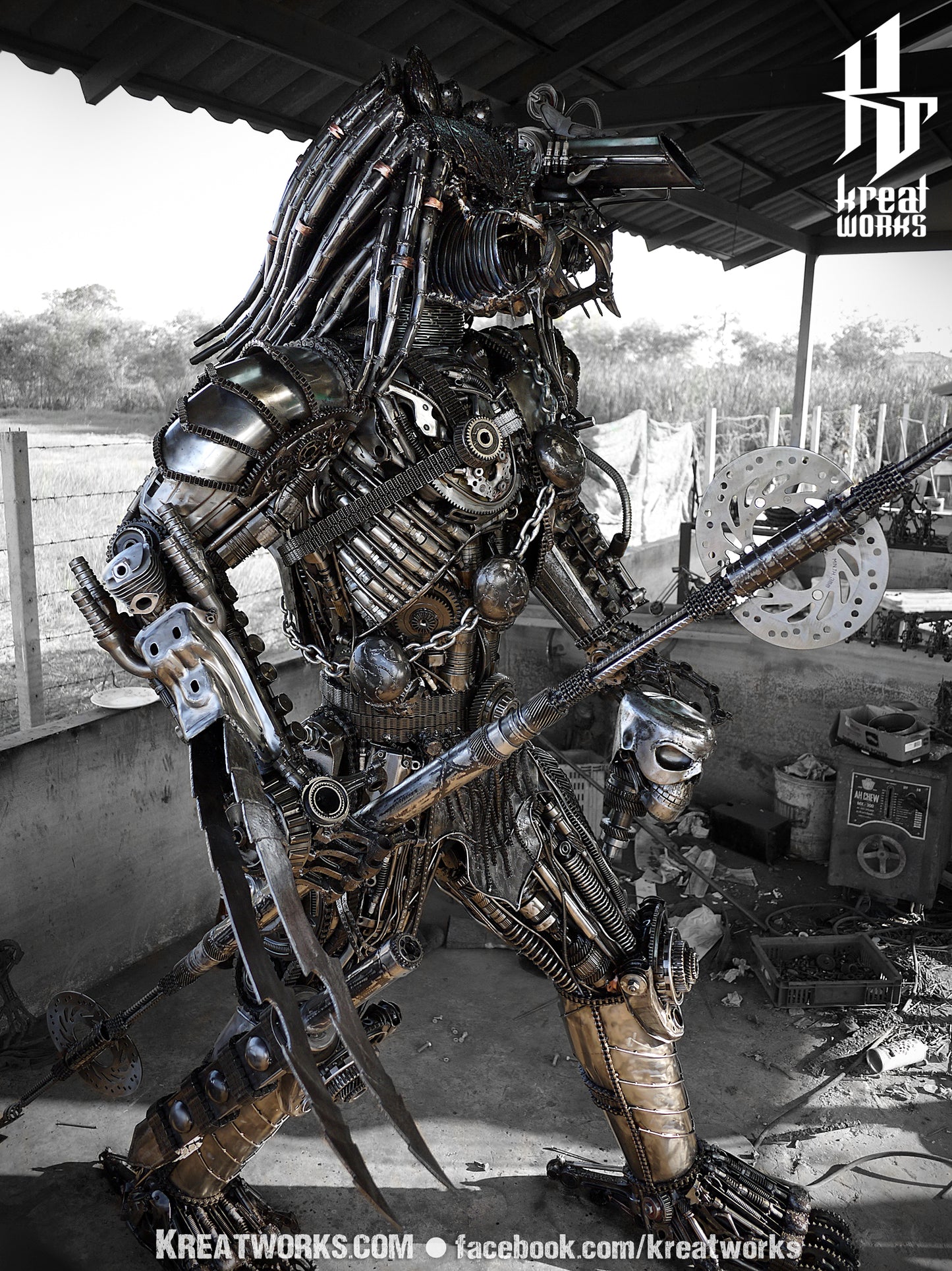 Steampunk Recycled Metal Warrior Hunter with spear (made-to-order) / Recycle Metal Sustainable Sculpture Art