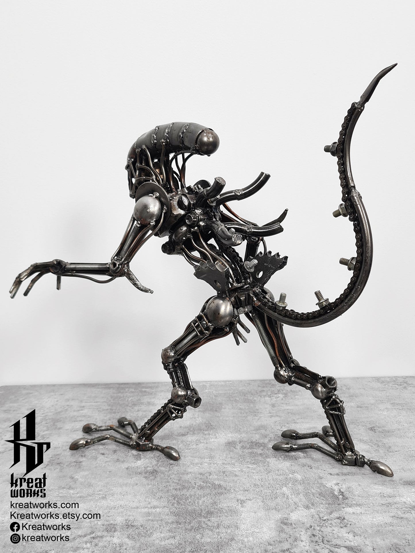 Recycled Metal Standing Monster : Tail up (38 cm height) / Recycle Metal Sustainable Sculpture Art