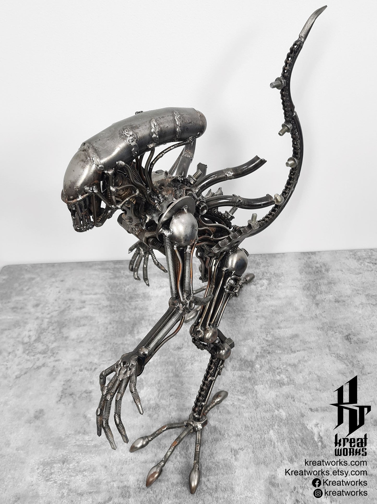 Recycled Metal Standing Monster : Tail up (38 cm height) / Recycle Metal Sustainable Sculpture Art