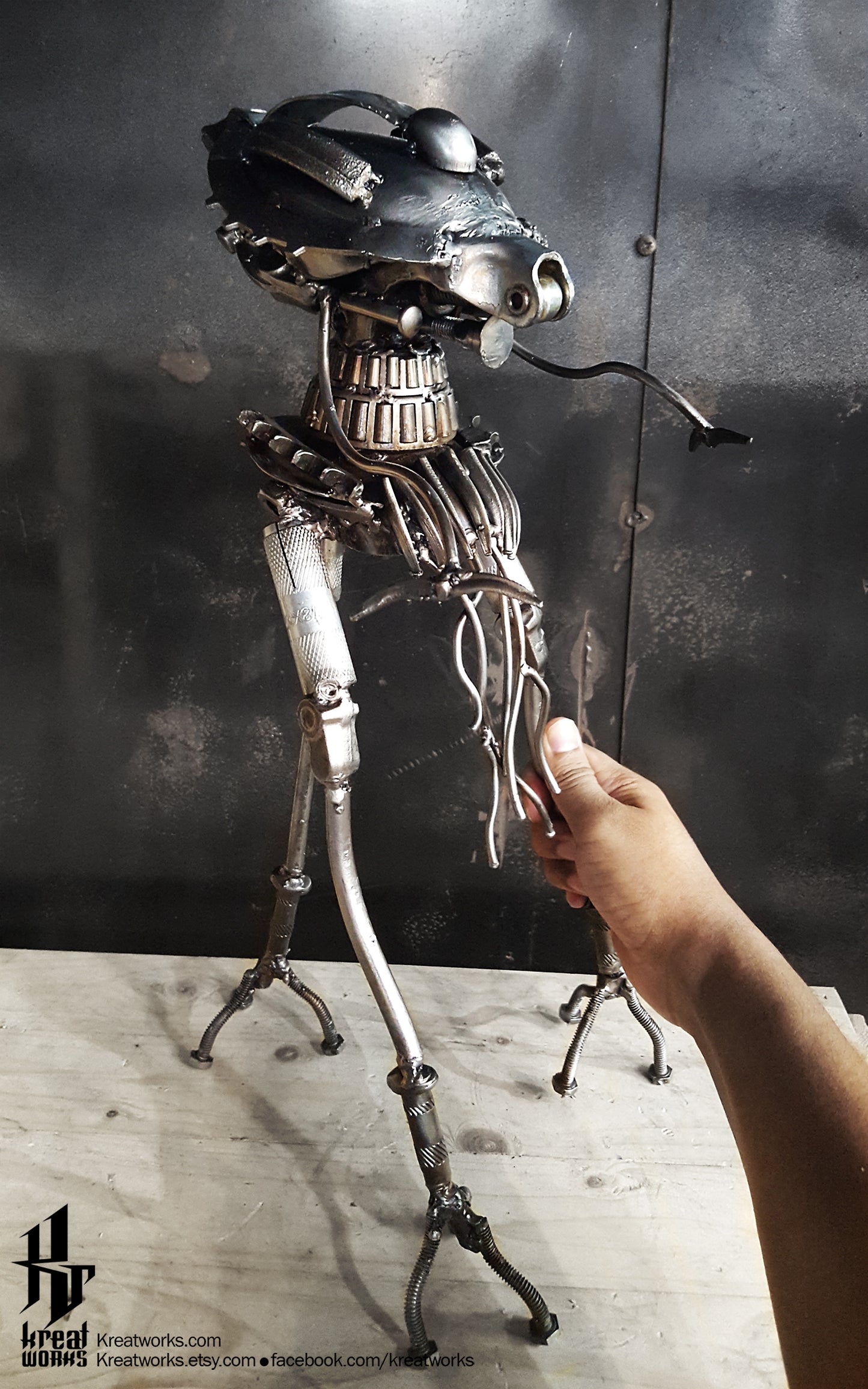 Steampunk Recycled Metal Alien Tripod / Recycle Metal Sustainable Sculpture Art
