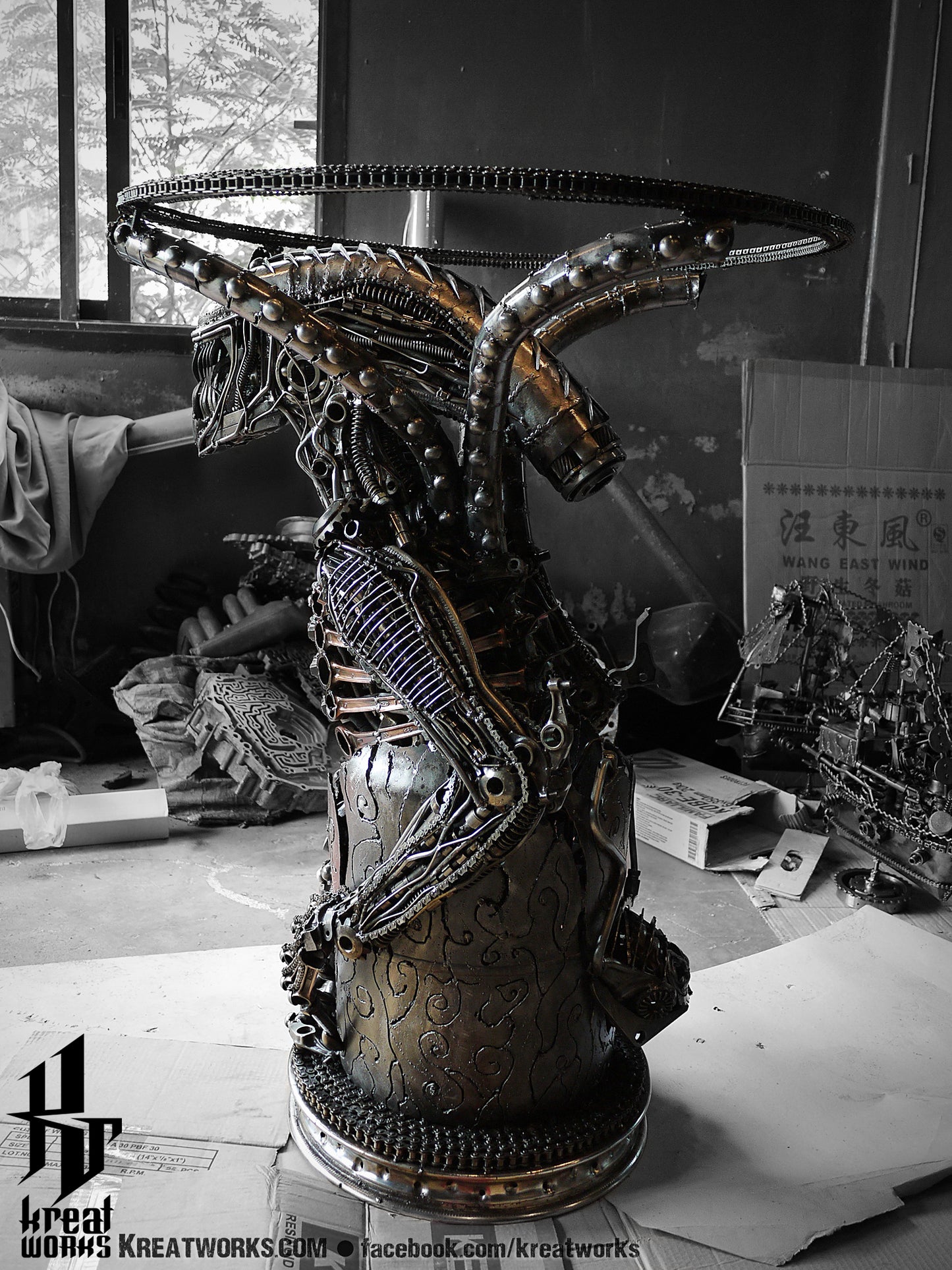 100cm Metal Monster Table (include a glass tabletop) / Recycle Metal Sustainable Sculpture Art