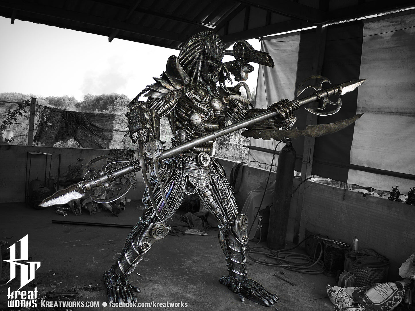 Recycled Metal Fierce Warrior Hunter with spear (made-to-order) / Recycle Metal Sustainable Sculpture Art