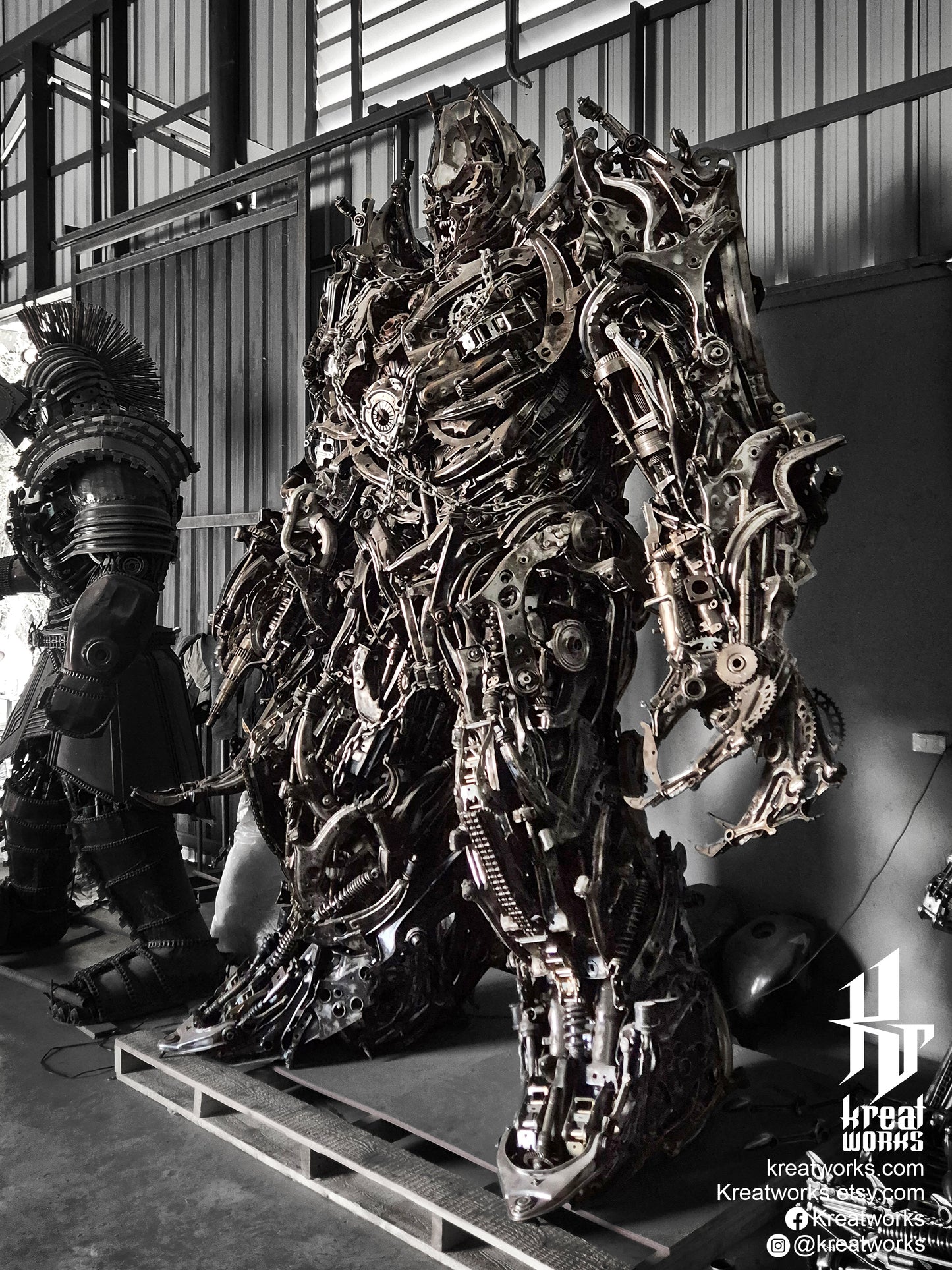 Recycled Metal Menacing Warrior Robot Sculpture (3.4 m height)