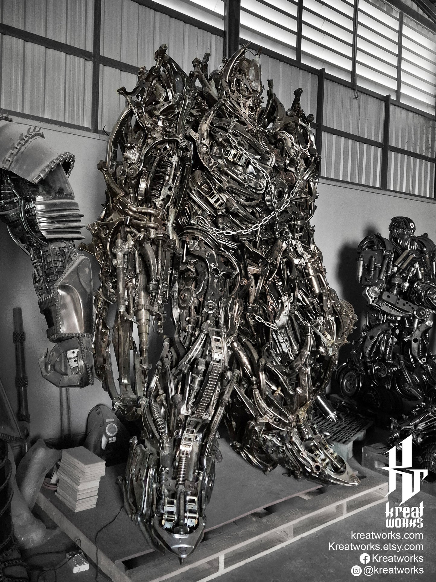Recycled Metal Menacing Warrior Robot Sculpture (3.4 m height)