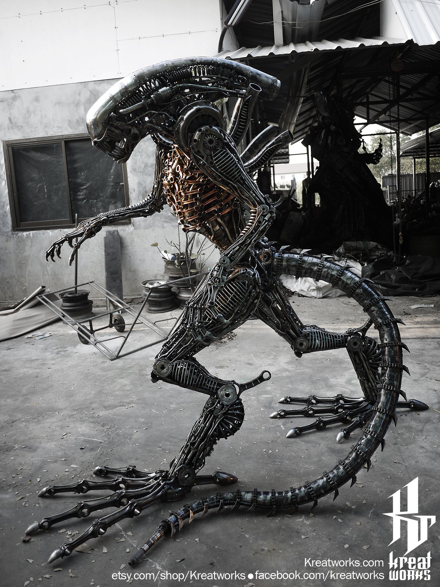 Recycled Metal Biomechanical Life-size Monster (made to order) / Recycle Metal Sustainable Sculpture Art