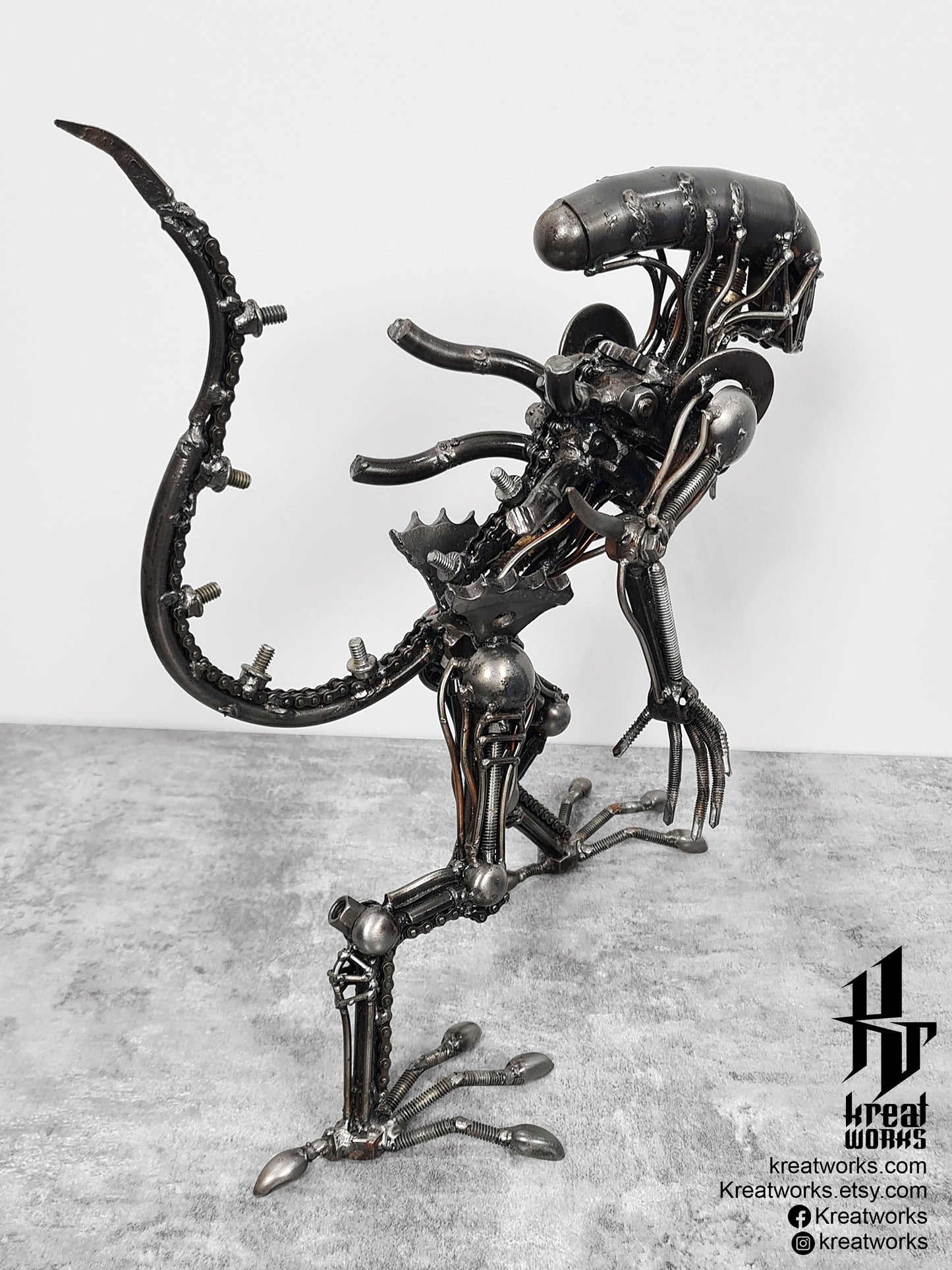 Recycled Metal Standing Monster : Tail up (38 cm height) / Recycle Metal Sustainable Sculpture Art