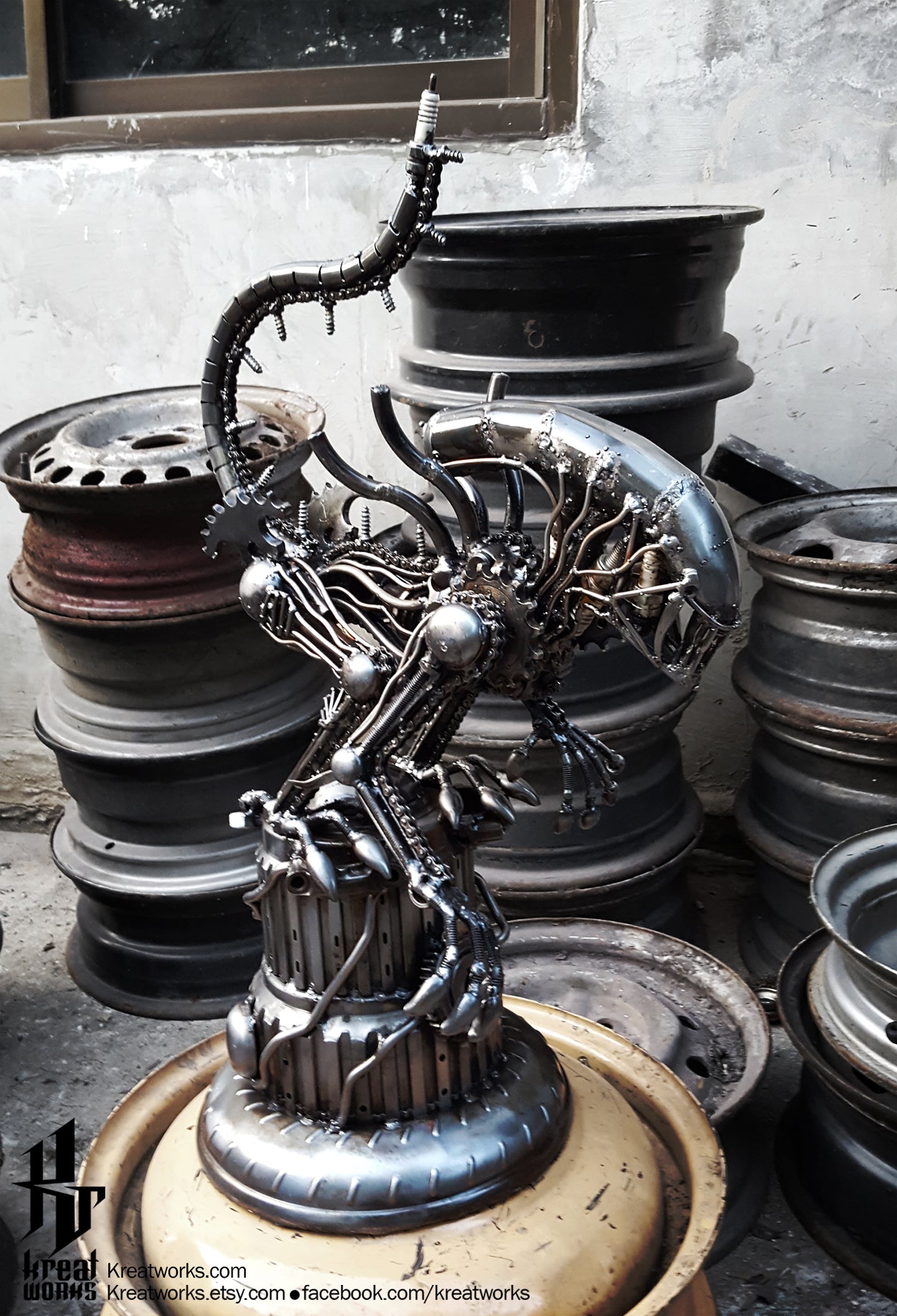 Recycled Metal Crouching Monster on pillar / Recycle Metal Sustainable Sculpture Art