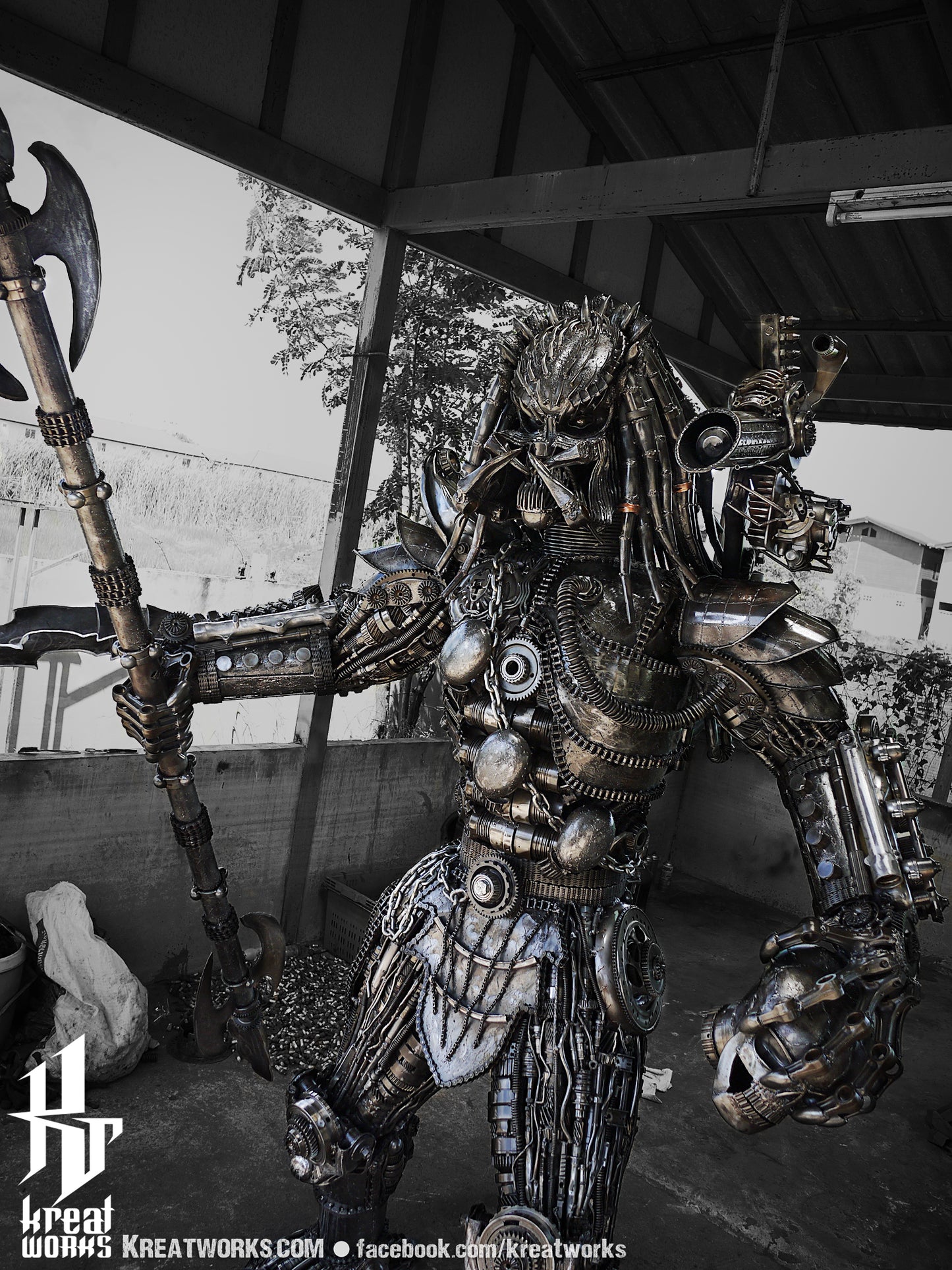 Steampunk Metal Warrior Hunter with spear (made-to-order) / Recycle Metal Sustainable Sculpture Art