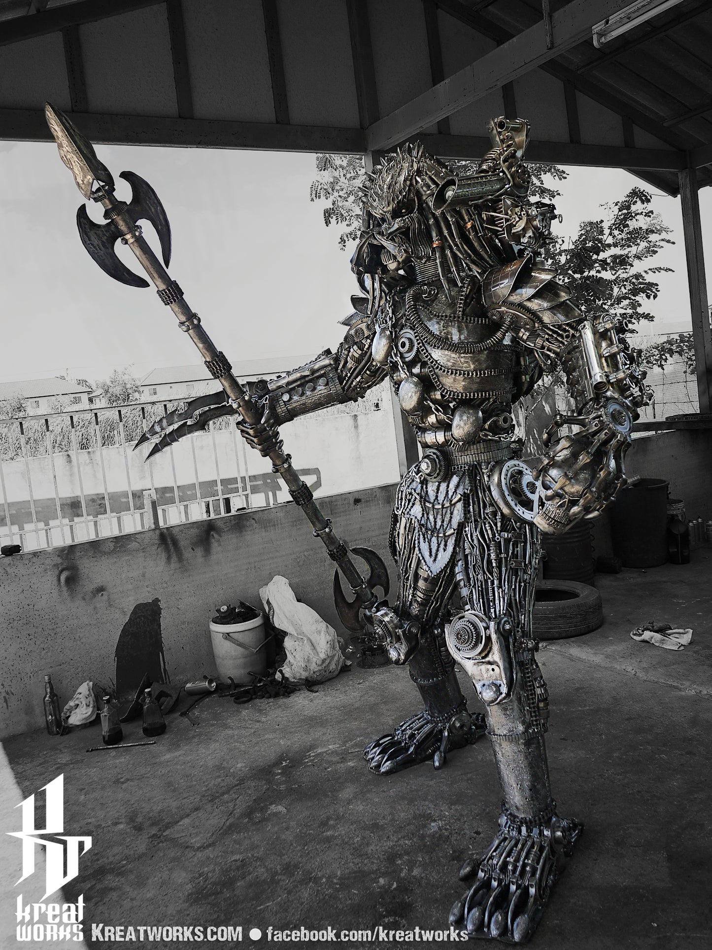 Steampunk Metal Warrior Hunter with spear (made-to-order) / Recycle Metal Sustainable Sculpture Art