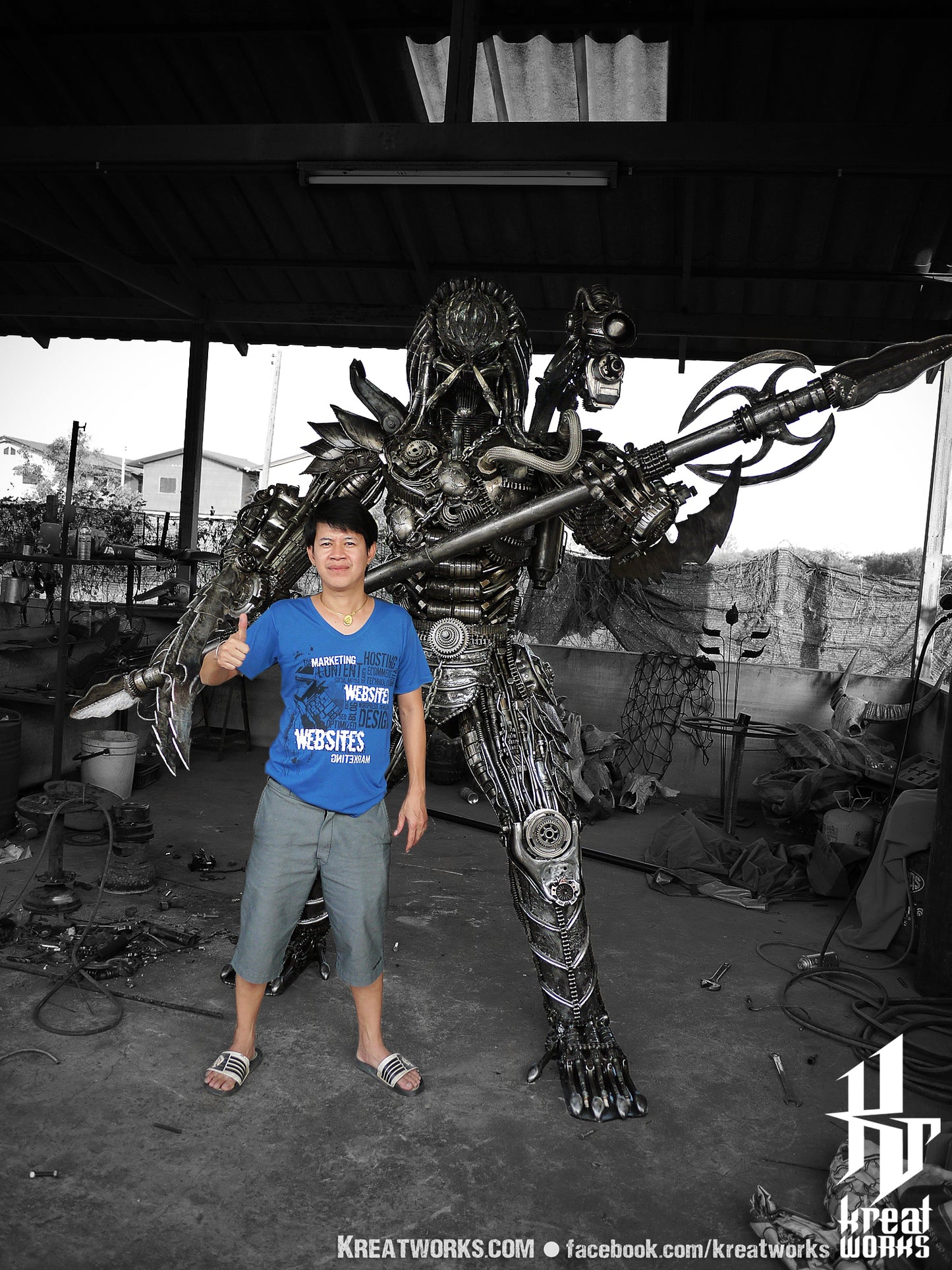 Recycled Metal Fierce Warrior Hunter with spear (made-to-order) / Recycle Metal Sustainable Sculpture Art